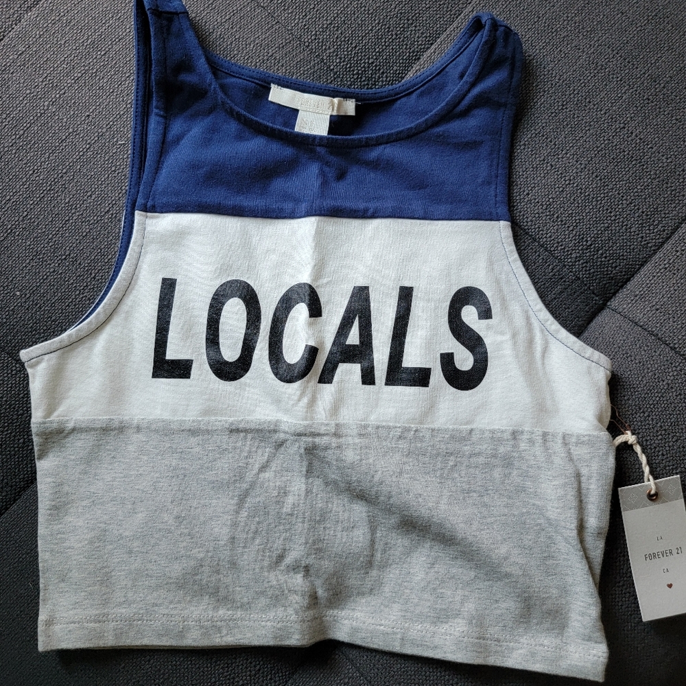Beautiful crop top with the locals sign on from with blue, white and gray small